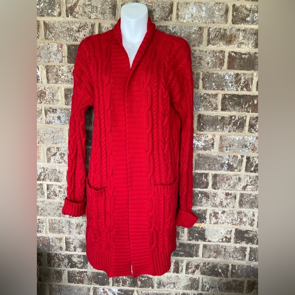 Lauren Ralph Lauren- Red Cable-Knit Open Front Cardigan Duster Sweater Size M